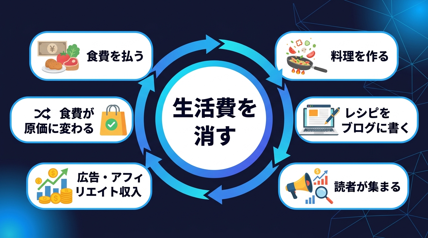 「生活費を消す」概念フロー図 — 食費が原価に変わる循環