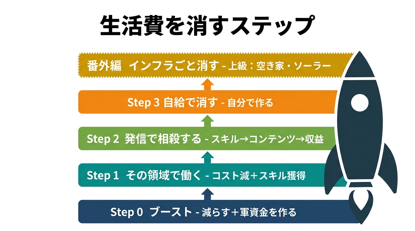 生活費を消すステップ — ロケット段階図