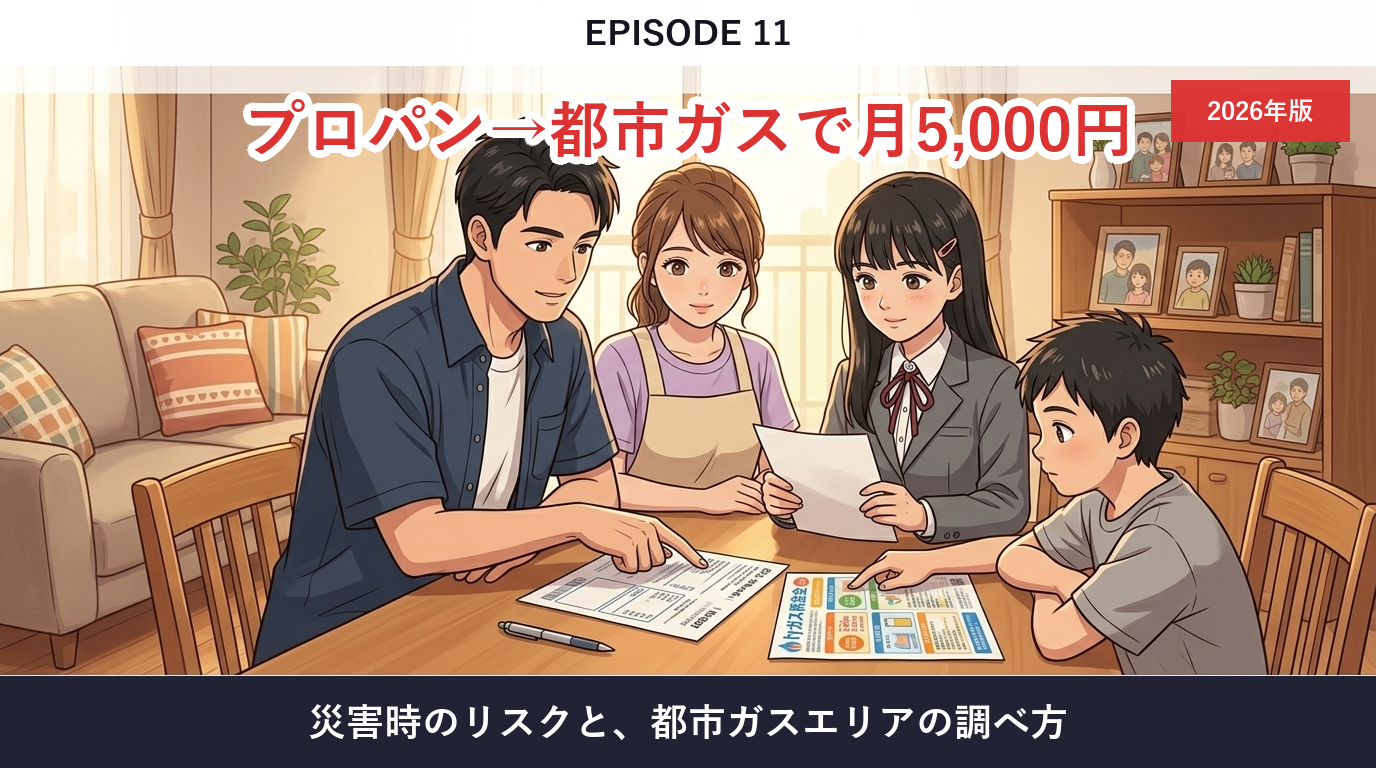 第11話「プロパンガスから都市ガスに切り替えるだけで月5,000円浮く話」── 災害時のリスクとエリアの調べ方