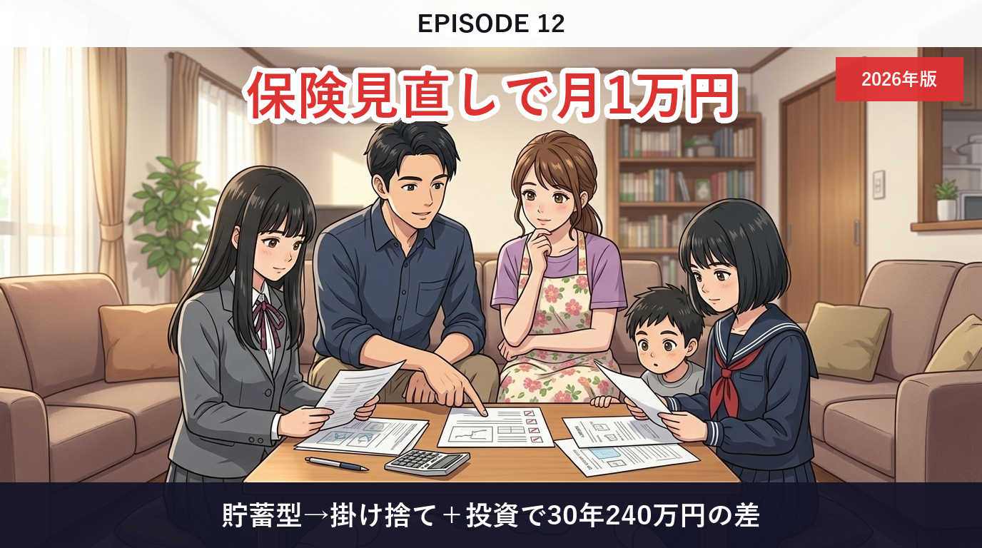 第12話「保険を見直すだけで月1万円浮く話」── 貯蓄型→掛け捨て＋投資で30年240万円の差